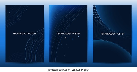 Conjunto de pósters de tecnología de línea azul digital futurista, líneas brillantes, innovación y fondo de red de conexión para póster de eventos tecnológicos o presentación de negocios de productos