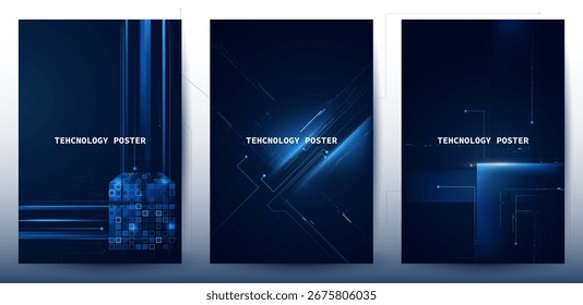 Futuristic digital blue line technology poster set, glowing lines innovation and connection network background for tech event poster or presentation product business