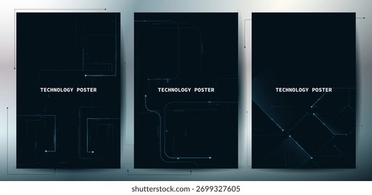 Conjunto de pósters de tecnología de línea azul digital futurista, líneas brillantes, innovación y fondo de red de conexión para póster de eventos tecnológicos o presentación de negocios de productos