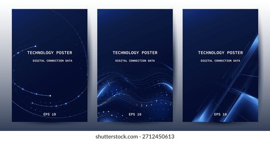 Futuristic digital blue line technology poster set, glowing lines innovation and connection network background for tech event poster or presentation product business