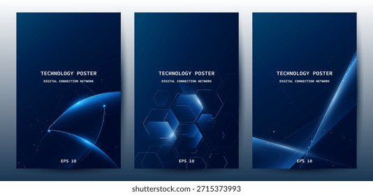Conjunto de pósters de tecnología de línea azul digital futurista, líneas brillantes, innovación y fondo de red de conexión para póster de eventos tecnológicos o presentación de negocios de productos