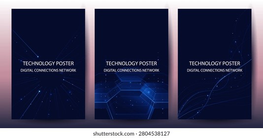 Futuristic digital blue line technology poster set, glowing lines innovation and connection network background for tech event poster or presentation product business