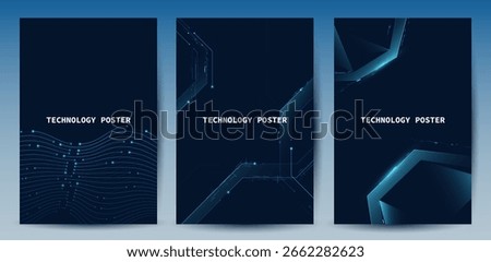 Futuristic digital blue line technology poster set, glowing lines innovation and connection network background for tech event poster or presentation product business