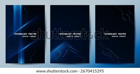 Futuristic digital blue line technology poster set, glowing lines innovation and connection network background for tech event poster or presentation product business