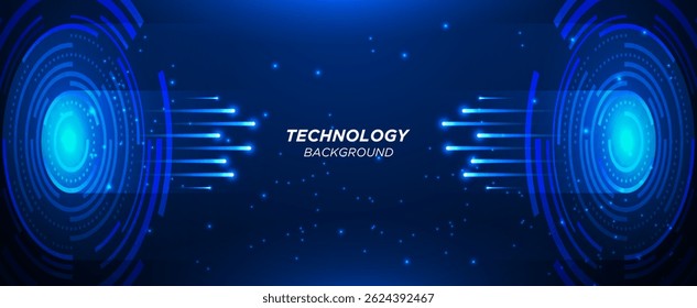 Futuristic digital blue technology ring with light effect shining from circle on dark background. Vector for banner and web.