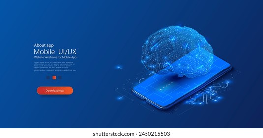 Futuristic Digital Brain Concept on Smartphone Screen. Deep learning machine learning AI. A digital brain hovers above a smartphone, symbolizing advanced AI technology and smart applications.