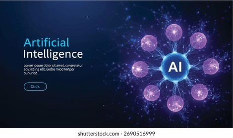 Cérebro digital futurista feito de linha curva com letras AI. Conceito de inteligência artificial, redes neurais e tecnologia avançada. Ilustração vetorial