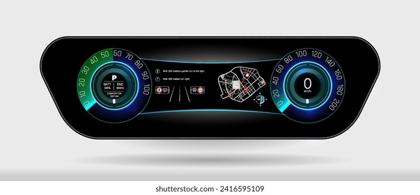 Futuristic Digital Car Dashboard Display with Vibrant Colors and Clear Readings, Ideal for Modern Vehicle Interior Design Concepts