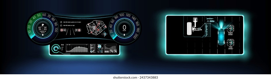 Futuristic Digital Car Dashboard Display with Navigation and Speedometer, Enhanced Driving Experience