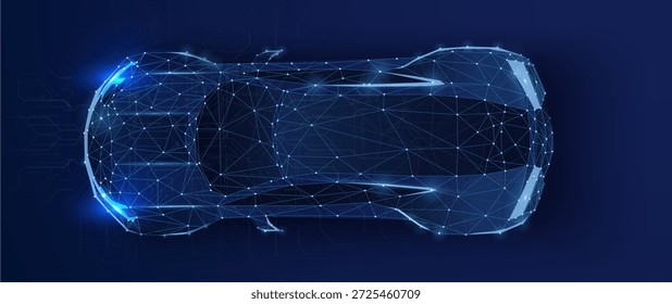 Vista superior futurista del coche digital con la red de datos Abstractas y la Tecnología del vehículo conectado en fondo azul