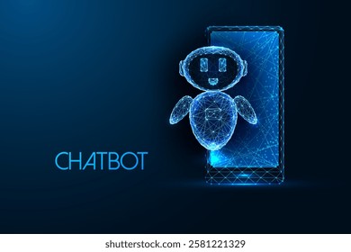 Futuristic digital Chatbot emerging from smartphone screen on dark blue background. Abstract vector illustration representing AI, virtual assistant, and automation. Glowing wireframe design 