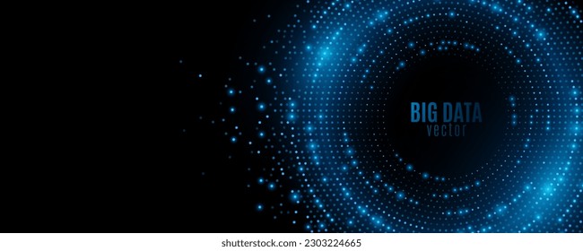 Futuristic digital circles of blue glowing particles. Big data visualization into cyberspace. Abstract background of dots. Sharing Information in a Neural Network. Vector . EPS 10.