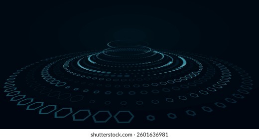 Futuristic digital circles of blue hexagons on dark background. Abstract tech backdrop. Big Data visualization into cyberspace. Vector illustration