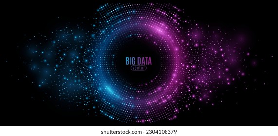 Futuristic digital circles of blue and purple glowing dots. Information particles in a neural network. Big data visualization into cyberspace. Vector illustration. EPS 10.