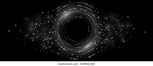 Futuristic digital circles of glowing dots. Information particles in a neural network. Big data visualization into cyberspace. Artificial intelligence banner. Vector illustration. EPS 10.