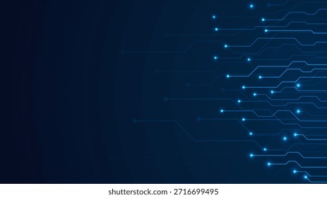 Futuristischer digitaler Schaltungshintergrund mit von einer Seite auf dunkelblauem Hintergrund leuchtenden Verbindungsleitungen, geeignet für Technologiekonzepte, Datennetze, Innovationsvisuals und moderne Geschäftsgestaltung.