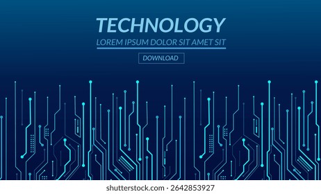 Futuristic digital circuit background with tech text for innovation and high tech concepts on blue gradient
