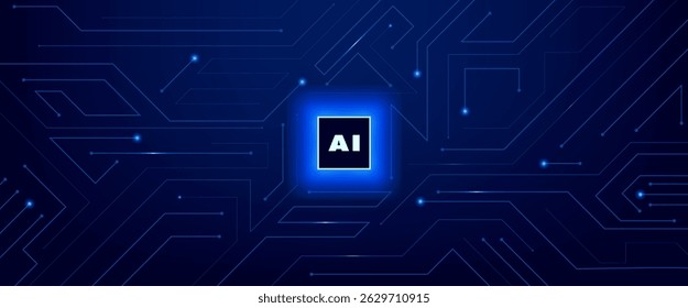 Futuristic digital circuit board background with glowing AI chip in the center. Modern technology, artificial intelligence, and innovation concept.