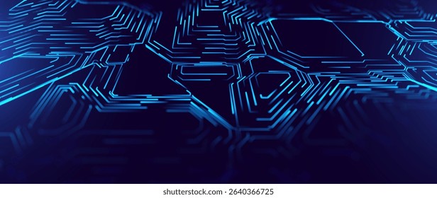 Futuristic Digital Circuit Board Background With Glowing Blue Microchip Lines, Abstract Electronic Motherboard Structure For AI, Blockchain, Or Computing Systems, Vector Illustration