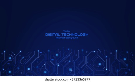 Fondo futurista de la placa de circuito digital con las líneas de circuito azules brillantes y los Elementos electrónicos. Diseño de textura de tecnología de placa base. Inteligencia artificial artificial. Ilustración vectorial.
