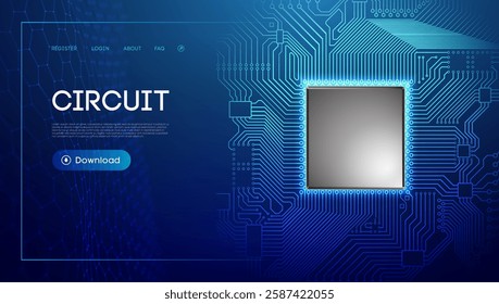 Futuristic digital circuit board with glowing microchip, cyber technology interface, and modern UI design on a dark blue background