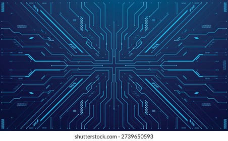 Futuristic digital circuit board network background with glowing blue lines creating an intricate technological pattern