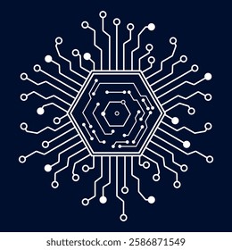 Futuristic Digital Circuit Core with a Dark Background and a Glowing Hexagonal Technology Pattern