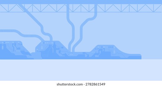 Futuristic digital circuit landscape with electronic connections and processor pathways. High technology concept microchip systems, data infrastructure and advanced computing industry