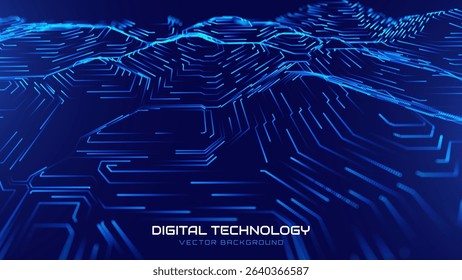 Futuristic Digital Circuit Landscape With Glowing Blue Technology Grid, Abstract Electronic Surface Representing AI Network Or Blockchain Data Flow, Vector Illustration