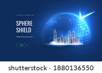 A futuristic digital city under protection. Cyber security concept as a hologram of a cityscape under a power dome. Vector illustration