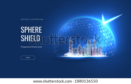 A futuristic digital city under protection. Cyber security concept as a hologram of a cityscape under a power dome. Vector illustration