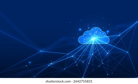 Futuristic digital of a cloud technology  system with glowing network lines and data points on a dark blue background, representing digital transformation and cloud infrastructure.
