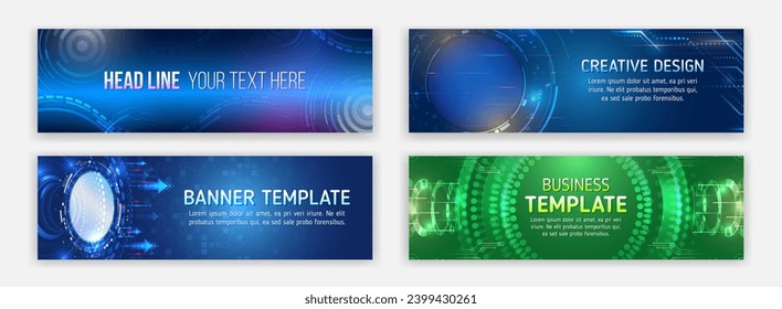 Fondo de comunicación digital futurista. Cubierta de la tecnología azul. Modernas plantillas de banner horizontales de alta tecnología. Pancarta abstracta sobre el tema de la protección de datos, ciberseguridad, ciencia, matriz de datos.