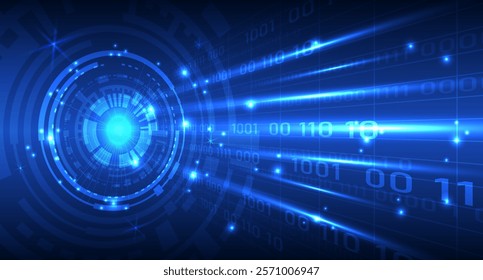 Futuristic digital concept with abstract glowing circles and binary code streams. Perfect for technology, innovation, and AI related projects.