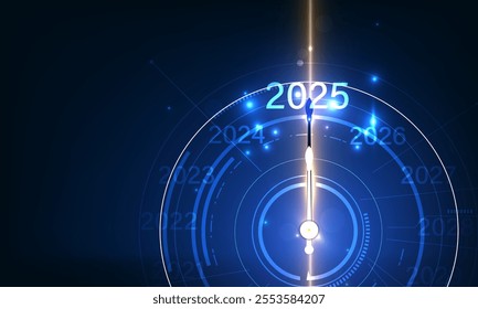 A futuristic digital countdown clock marking the year 2025, with glowing blue tones and a high-tech design. Ideal for new year celebrations, technology concepts, or future-oriented projects.