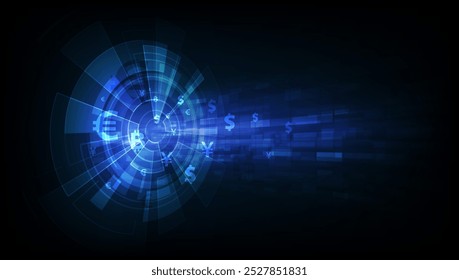 Futuristisches Netzwerk für digitale Währungen mit globalen Finanzsymbolen, die die Entwicklung der Finanztechnologie und globale Marktkonnektivität repräsentieren