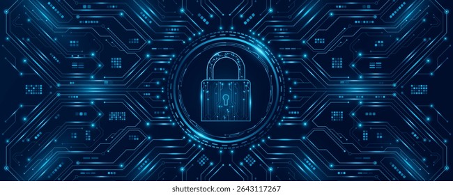 Futuristic digital cybersecurity background featuring a glowing lock icon with circuit board pattern. Electronic system design for data encryption, firewall technology and information security. Vector