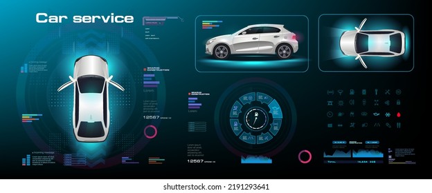 Futuristic Digital Dashboard With Car And Parameters. Vehicle HUD Interface With Navigation Panel In Three Projections. Network Settings For Smart Car Electronics. Automated Electronic Vehicle Control