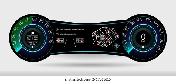 Futuristic Digital Dashboard Display with Vibrant Colors, Speedometer, and Innovative Features - High-Quality Vector for Automotive Design