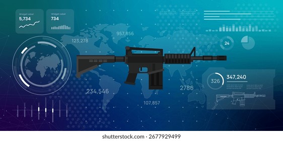 Tablero digital futurista que muestra datos globales rifle arma estadística militar icono ilustración de alta tecnología visualización de sistemas de defensa estrategia militar conceptos de tecnología de seguridad