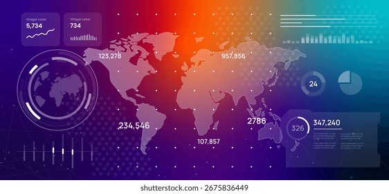 Futuristic digital dashboard displaying a world map surrounded by data analytics and infographics high-tech interface with glowing lines and numbers is perfect for representing global business