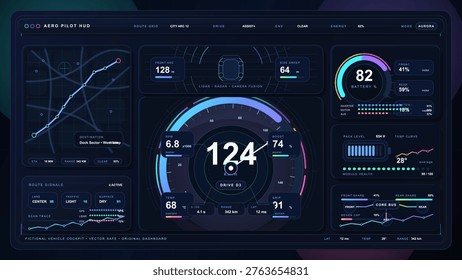 Futuristic digital dashboard interface for an advanced vehicle cockpit, displaying navigation, speed, battery, route, and system diagnostics in a sleek, neon style.