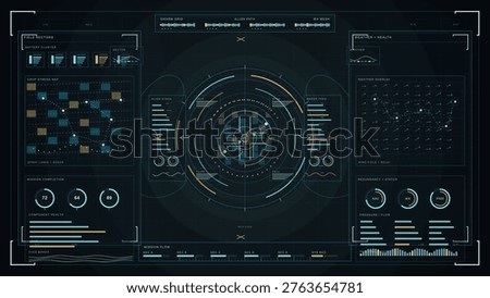 Futuristic digital dashboard interface with circular HUD elements, data charts, graphs, and technical indicators in blue and orange on a dark background.