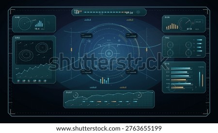 Futuristic digital dashboard interface with circular radar, data charts, graphs, and system status indicators in a high-tech blue and orange color scheme.