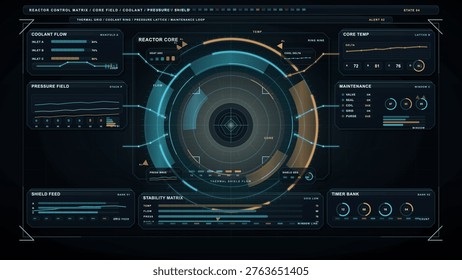 Futuristic digital dashboard interface displaying reactor core status, coolant flow, pressure fields, shield feed, core temperature, maintenance, and system stability metrics.