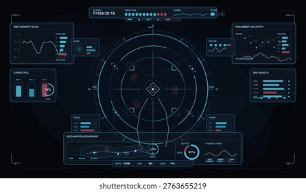 Futuristic digital dashboard interface displaying mining operation data, including ore density, cargo fill, rig health, excavation boundaries, and system status indicators.