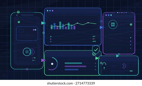 Futuristic digital dashboard interface showing data analytics charts user interface panels and cybersecurity elements on a dark technology background