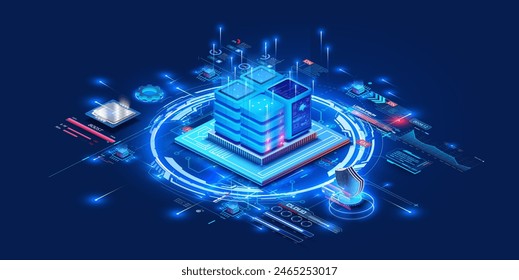 Futuristic digital data center integrated with advanced technology. It features a server on circuit board surrounded by various digital elements, coud computing, data storage, and cyber technology.