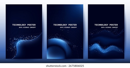 Onda de partículas de datos digitales futuristas con conjunto de póster de concepto de Ciencia.