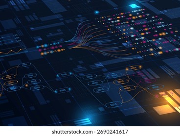 Visualização de dados digitais futurista com nós brilhantes, conexões de rede de IA e elementos analíticos que representam tecnologia, inovação e aprendizagem automática. Ilustração de vetor.